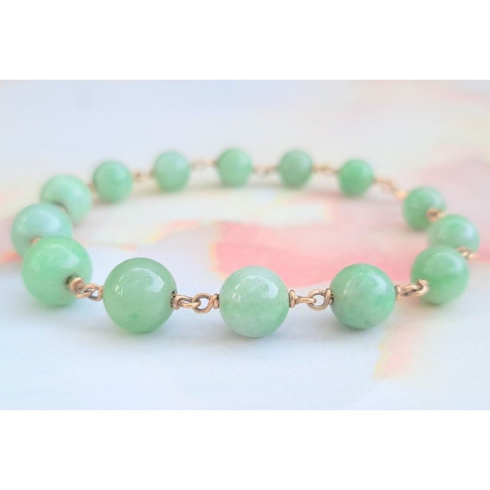 14K Yellow Gold Apple Green Jade Jadeite Ball Bead Bracelet 7.25" 12.35 Grams